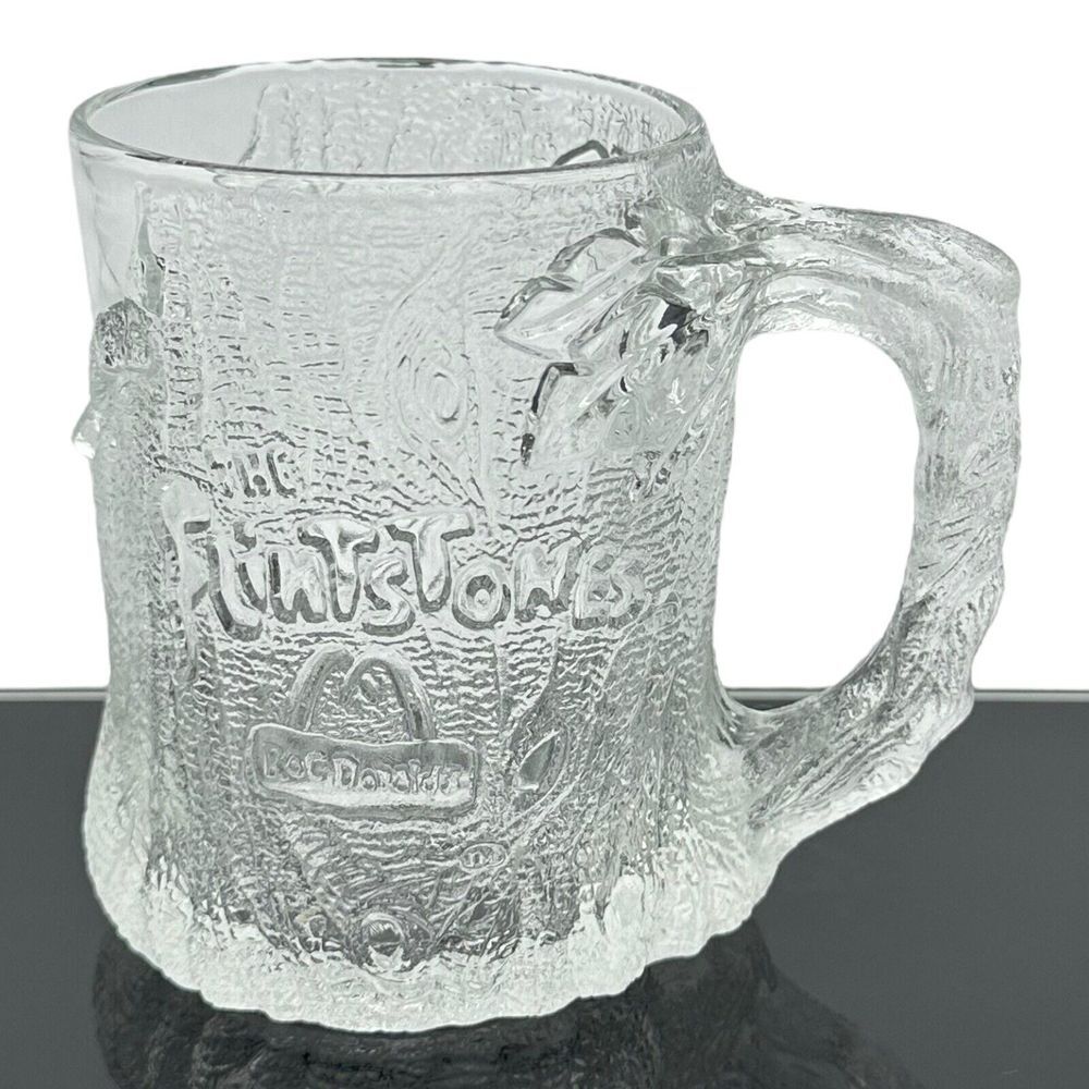 Flintstones McDonald's Treemendous Mug Clear Frosted Glass Cup France VTG 1993